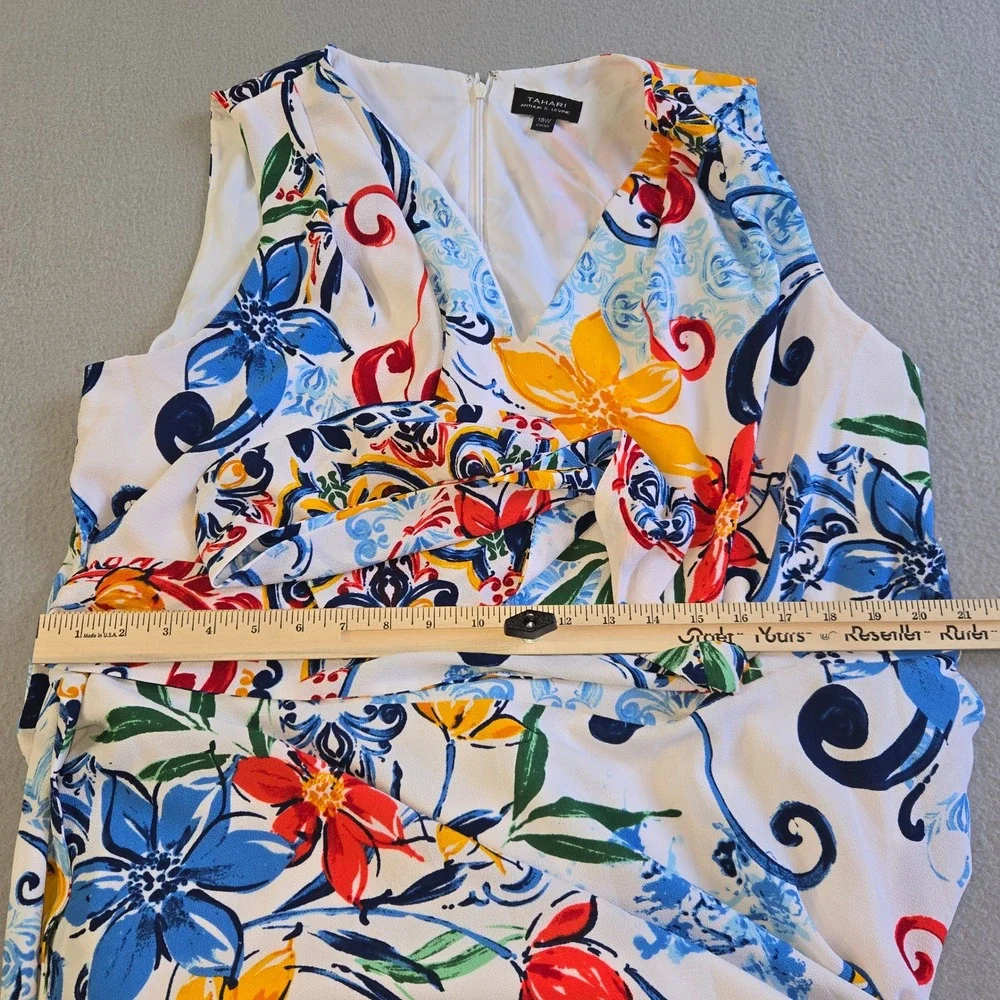 Tahari Maxi Dress Womens 18W White Floral Tile Print Sleeveless V-Neck Belted